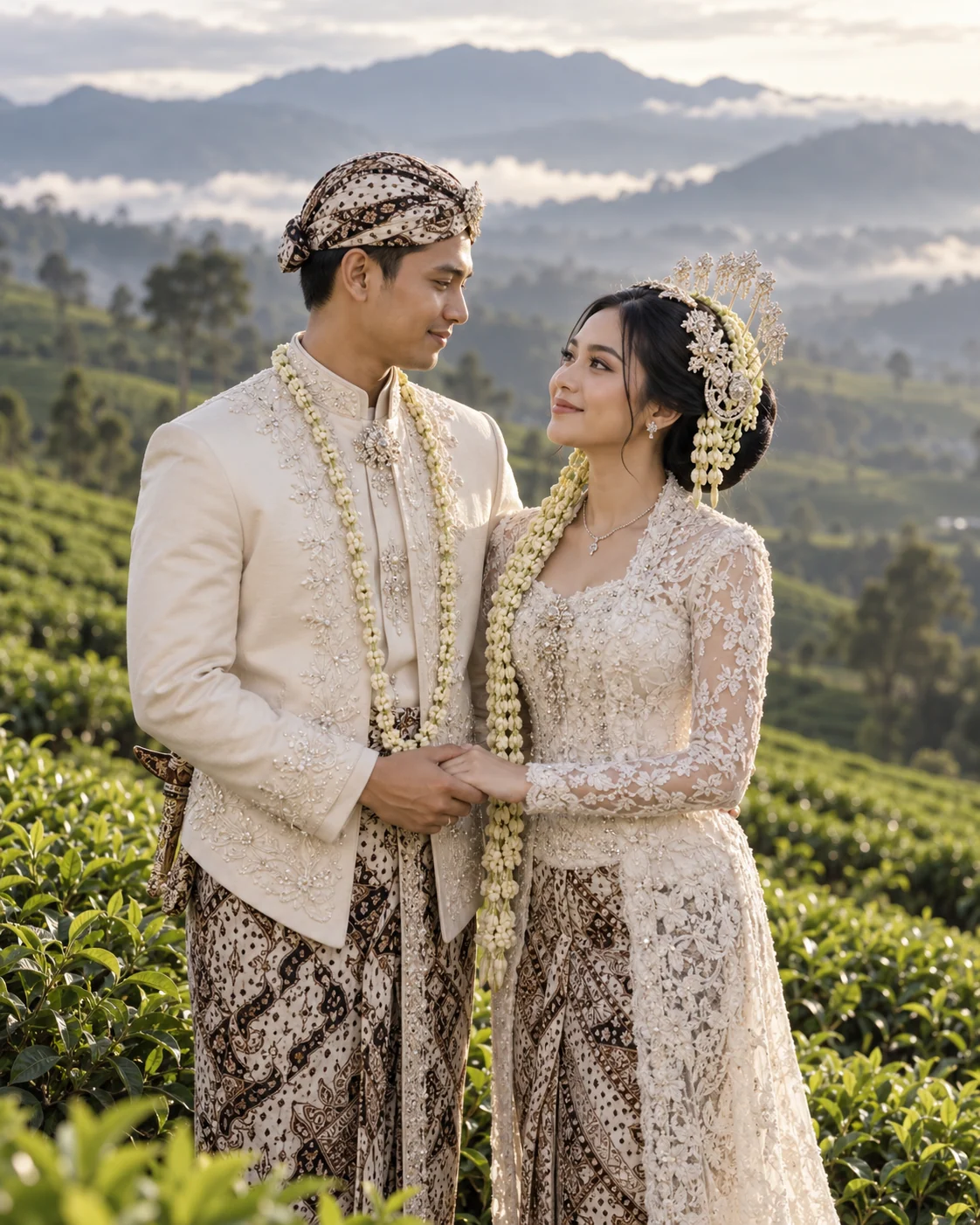 Pasangan dengan busana adat di kebun teh